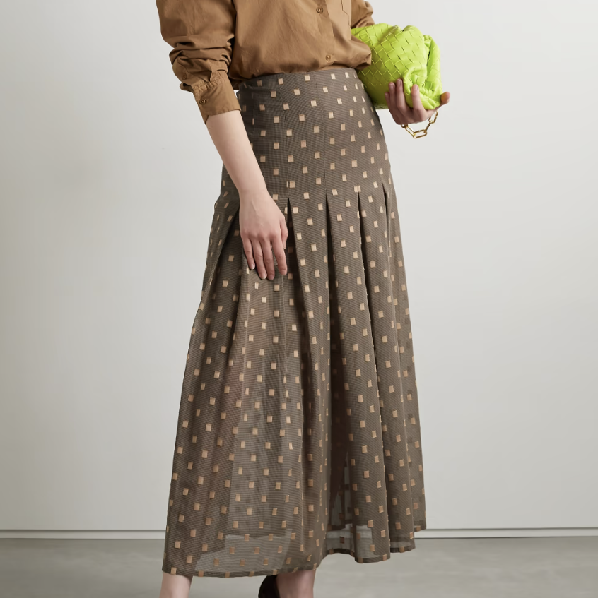 Pleated Houndstooth Fil Coupé Cotton Maxi Skirt