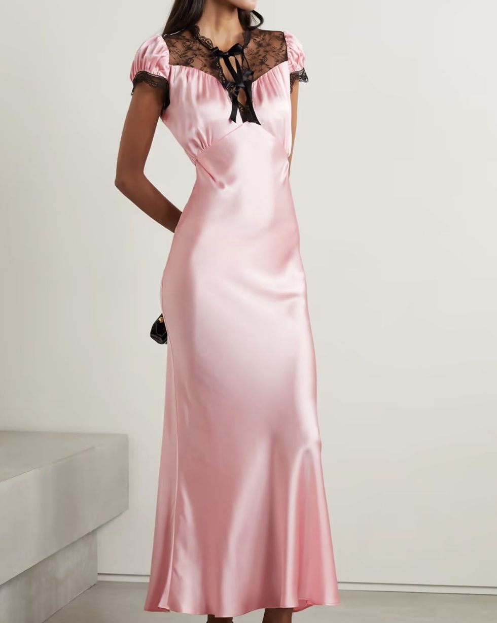 Tie-detailed Lace-Trimmed Silk-Satin Maxi Dress