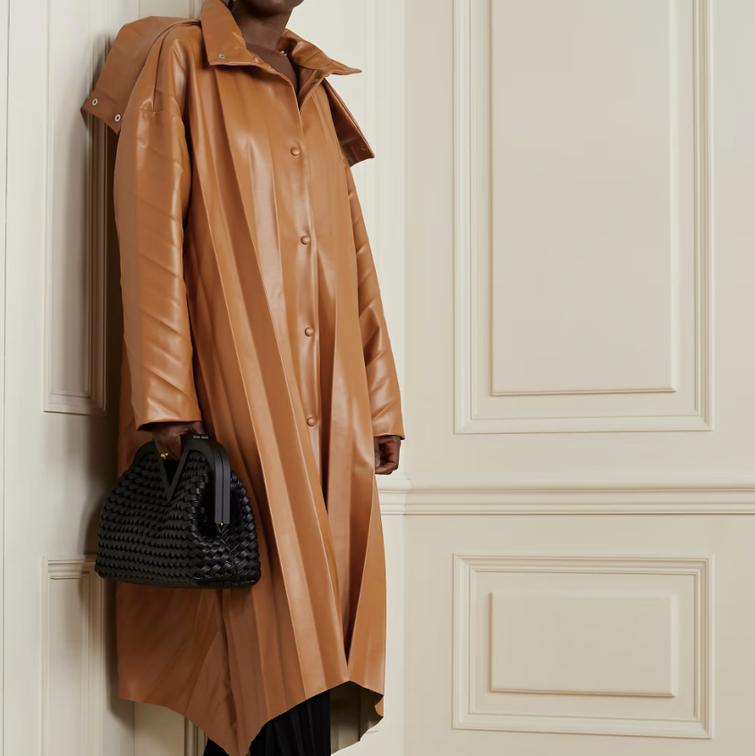 Hooded Pleated Faux Leather Coat