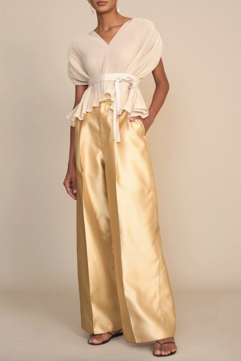 Deep Pocket Belted Wide Leg Pant in Champagne Mikado