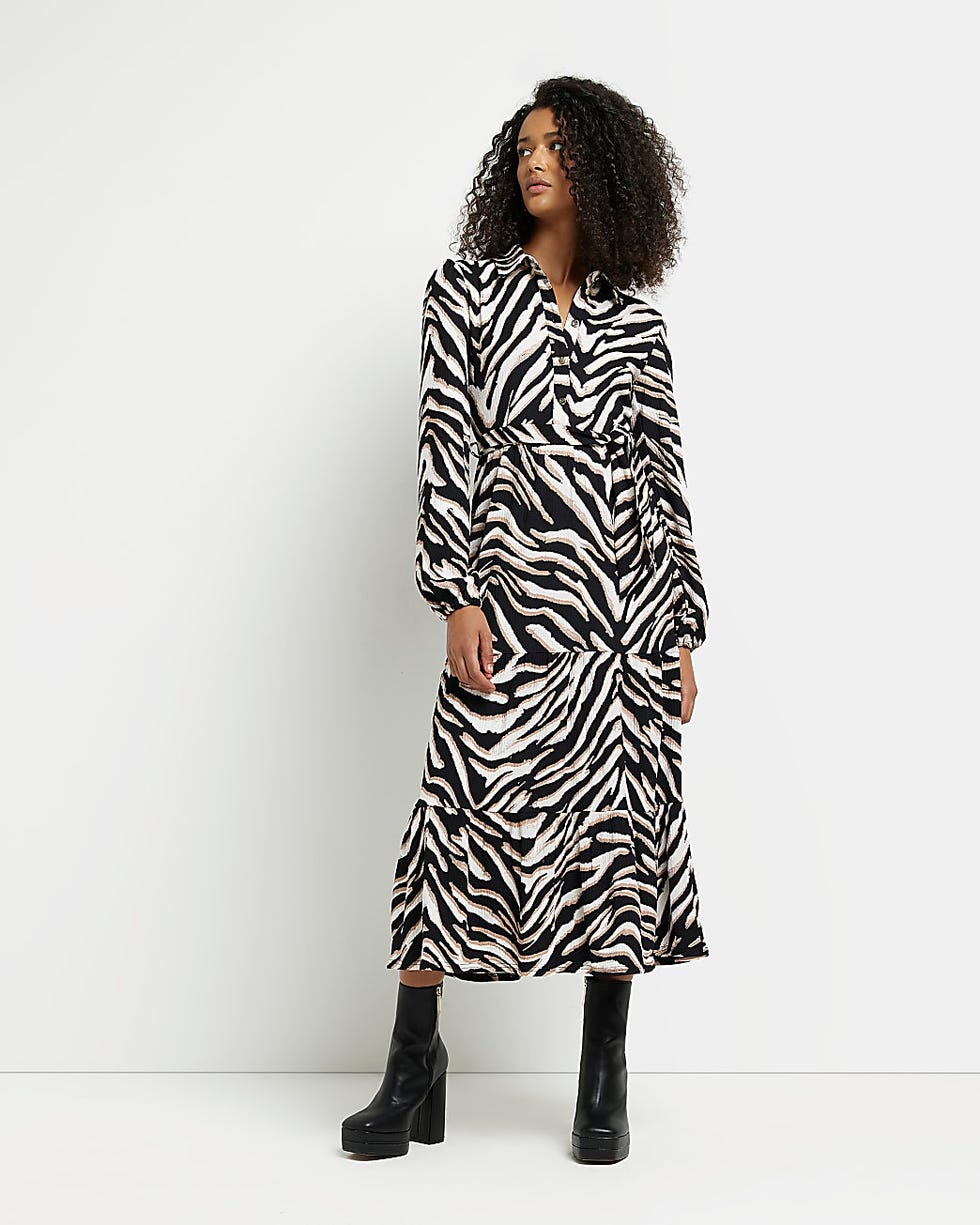 Brown Animal Print Midi Shirt Dress