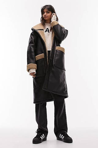 Faux leather car coat longline jacket in black