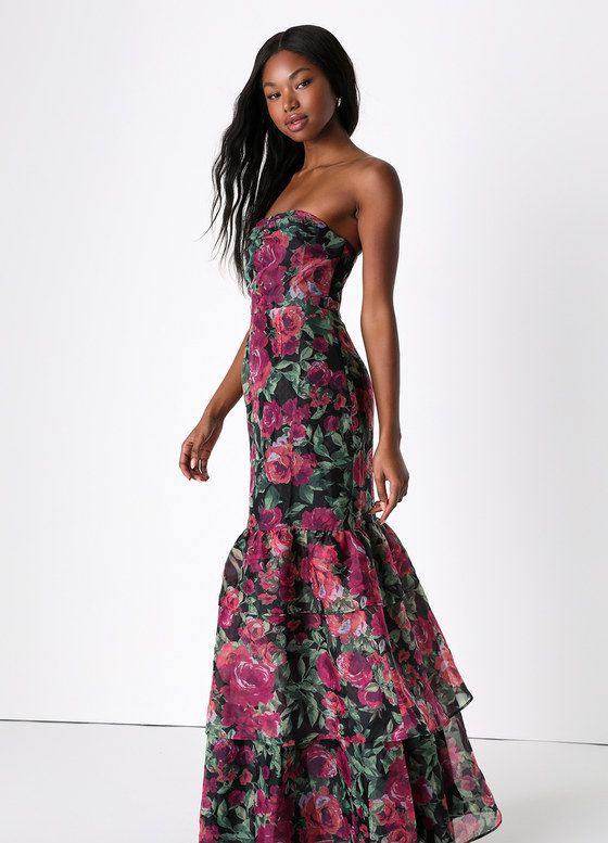 Dark Teal Floral Print Dress - Organza Maxi Gown - Plunge Dress - Lulus