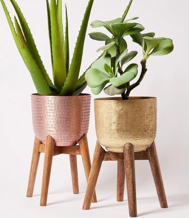 Gold Metal Planter & Mango Wood Stand