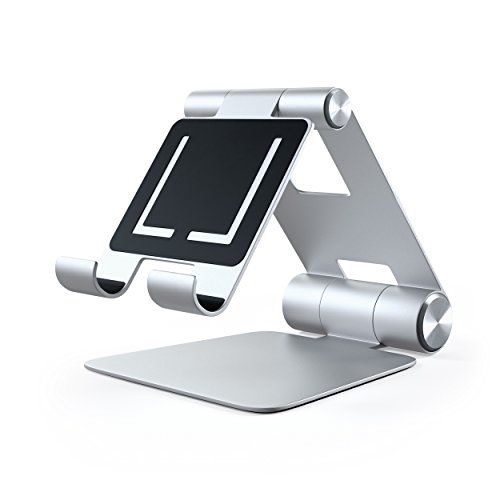 Adjustable Cell Phone Stand, OMOTON Aluminum Desktop Cellphone Stand with  Anti-Slip Base and Convenient Charging Port, Fits All Smart Phones, Silver