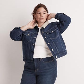 The Plus Cropped Oversized Trucker Jean Jacket: Sherpa Collar Edition