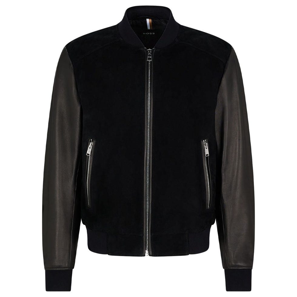 Mens Slim Fit Black and White Leather Baseball Bomber Jacket