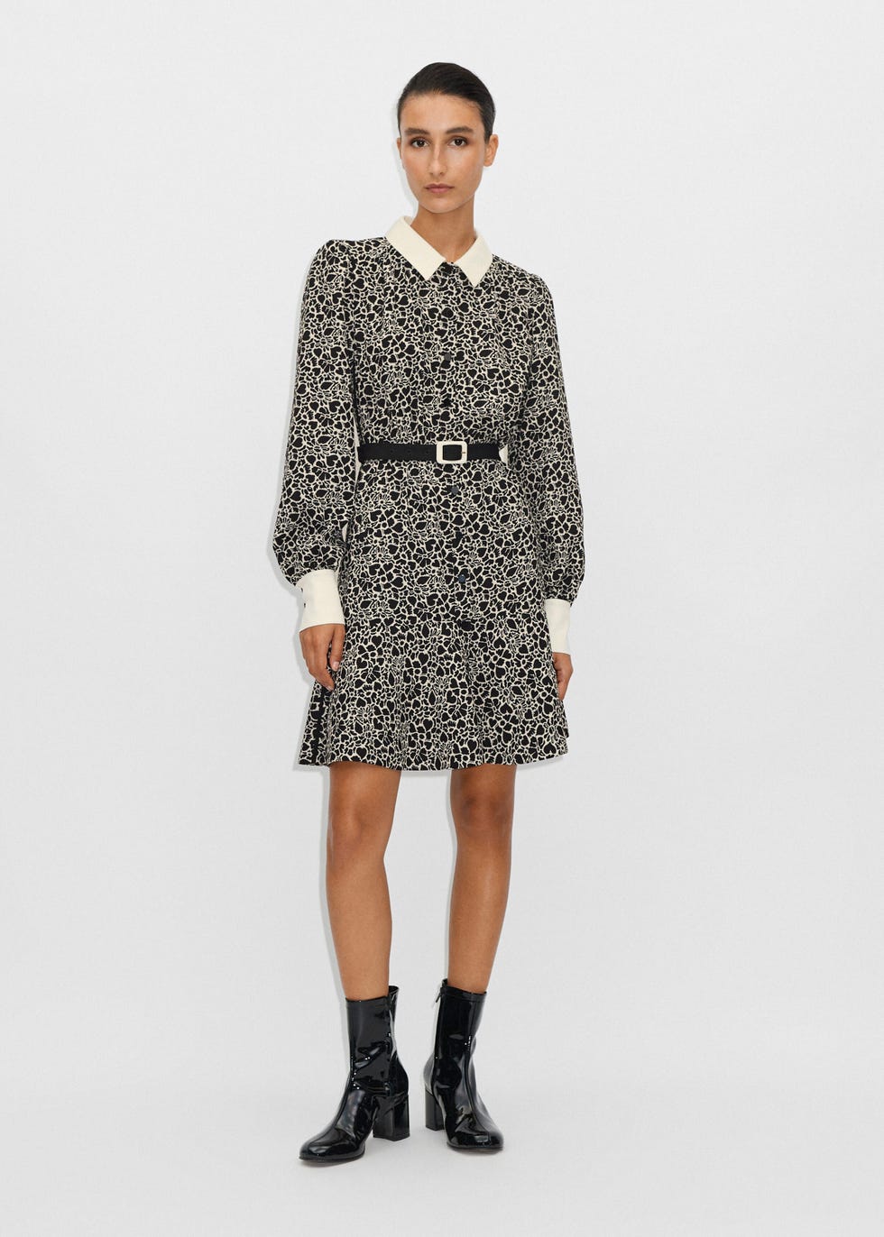 Monochrome Flower Silhouette Fit And Flare Dress + Belt
