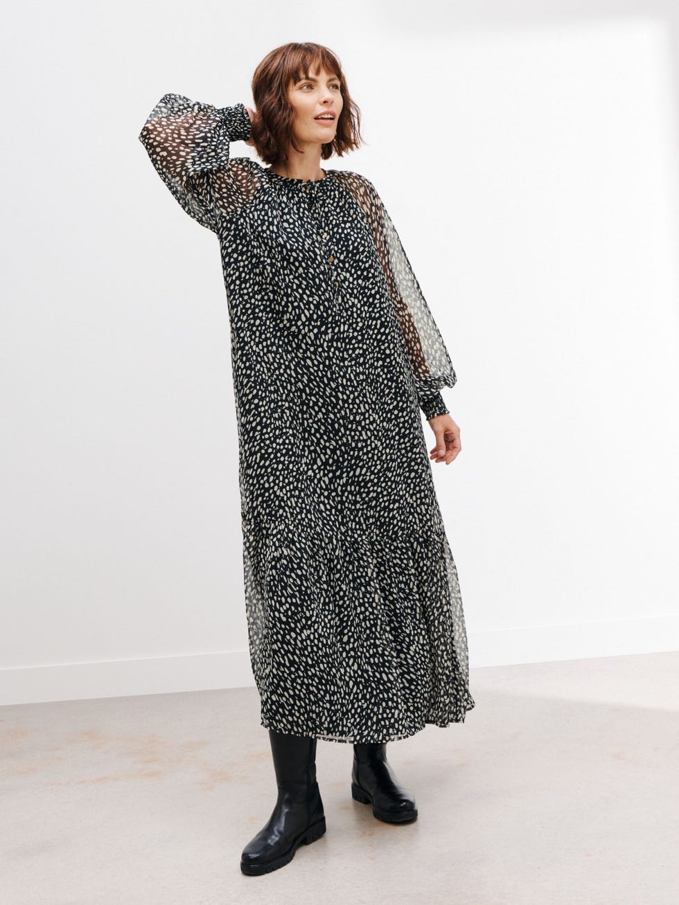 John Lewis Inky Spot Blouson Sleeve Dress, Black