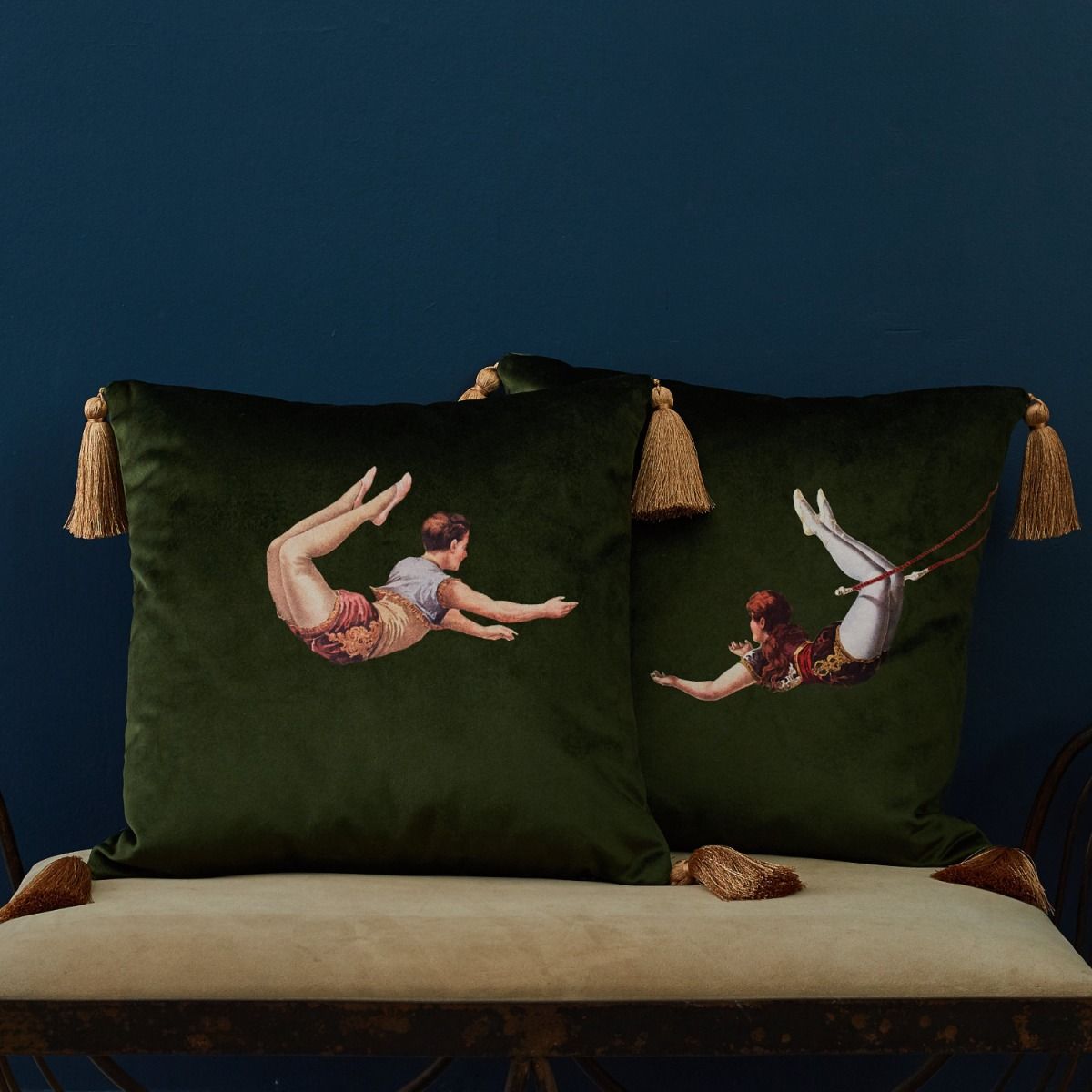 Trapeze Girl and Boy Velvet Cushions Green