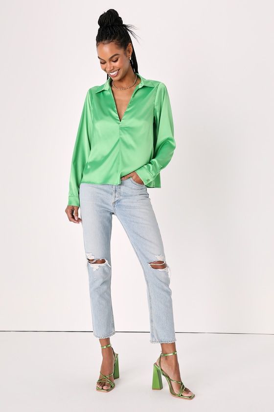 Sincerely Chic Lime Green Satin Collared Long Sleeve Top