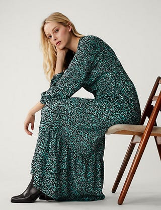 Printed Round Neck Maxi Tiered Dress