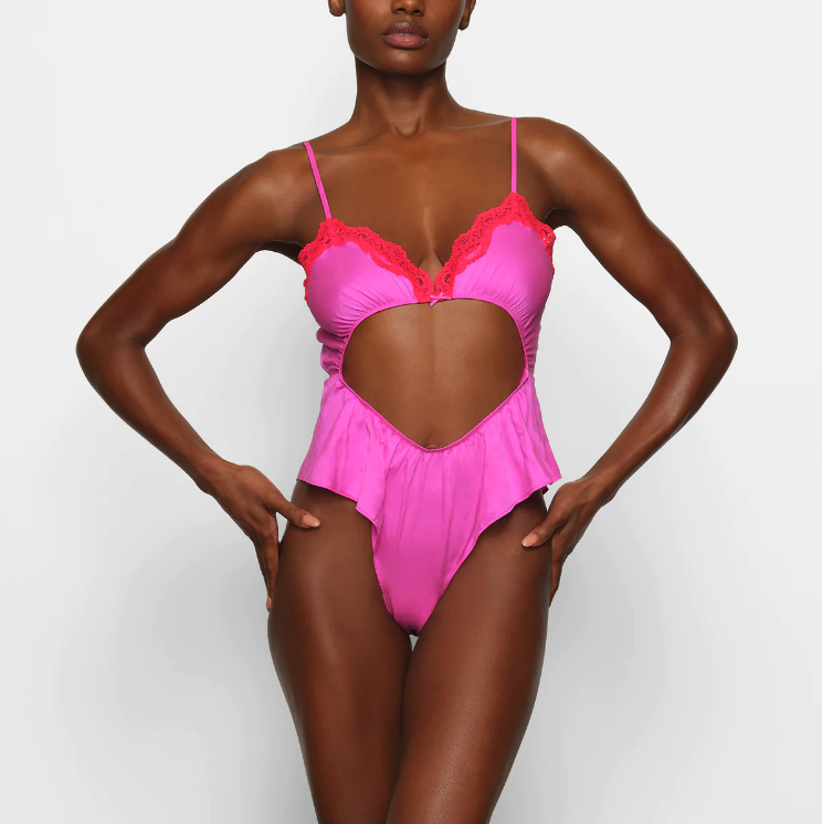 Lace-Trimmed Silk Teddy in Neon Orchid