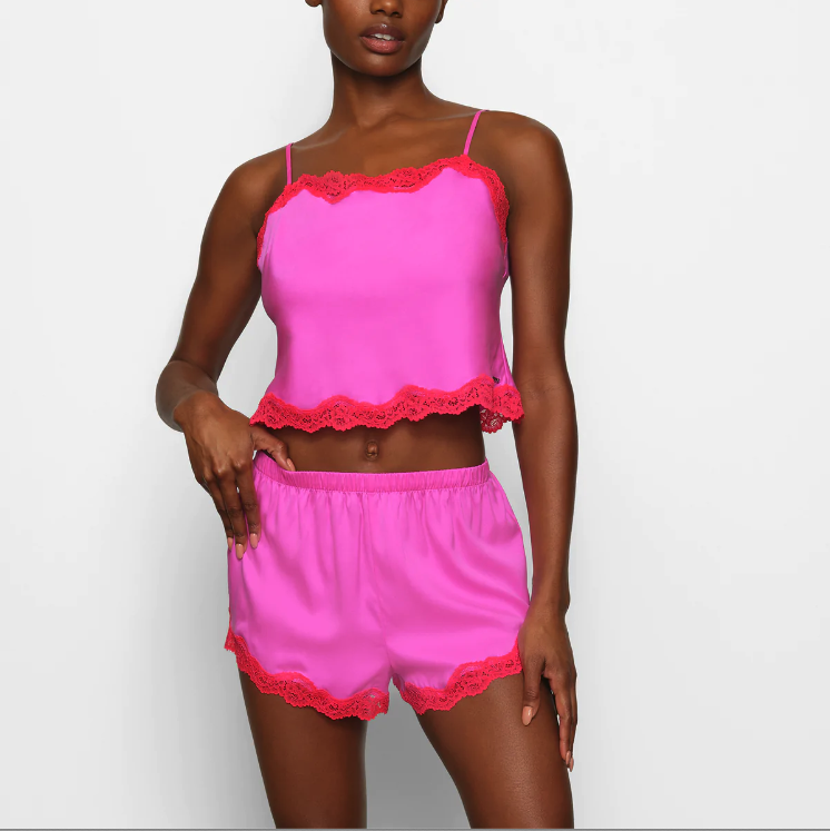 Lace Trimmed Silk Cami in Neon Orchid