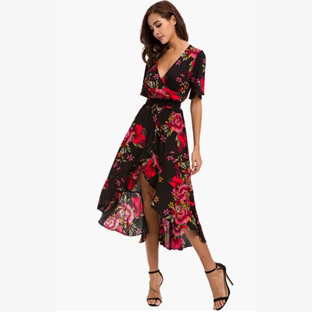 Short Sleeve Floral V-Neck Dress 