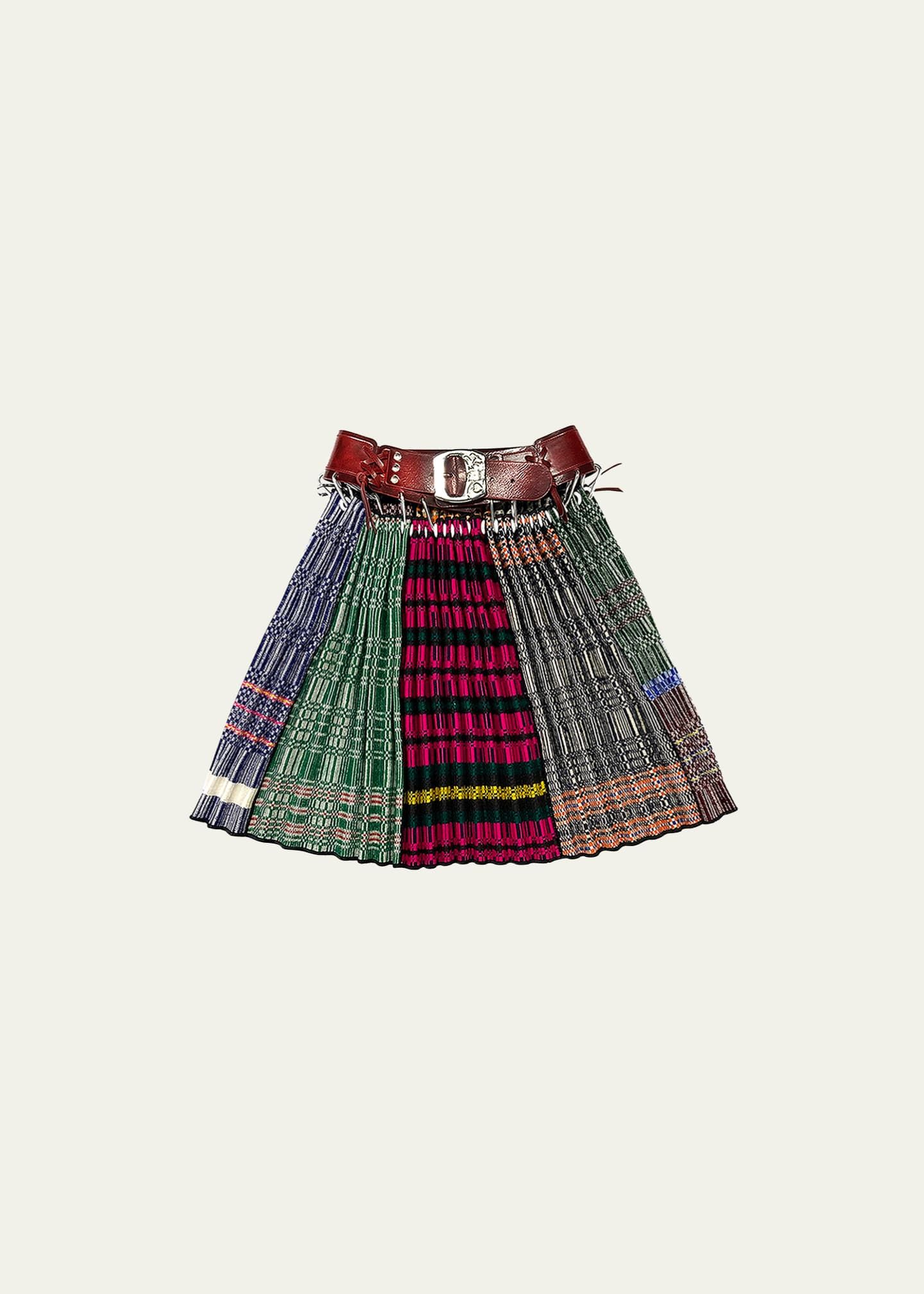 Spliced Plaid-Print Belted Mini Skirt