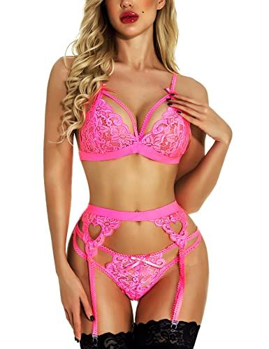 Women Lace Lingerie Set with Garter Belt Strap Bra and Panty Babydoll Boudoir Outfits Pink