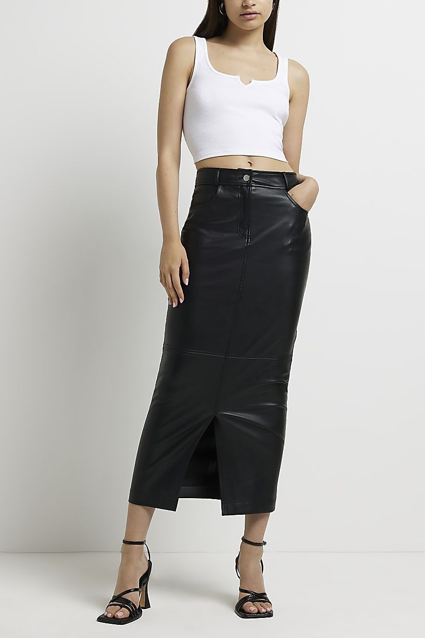 Black Long Midi Skirt, High Waist Faux Leather Skirt Women, Belted