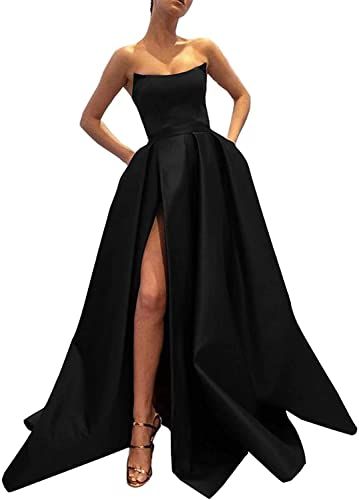 Womens Long Strapless Satin Prom Dress Sleeveless Slit Evening Ball Gown with Pockets Black Size 16