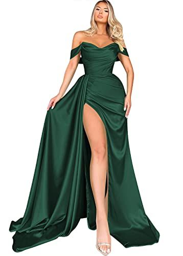 Emerald Green Mermaid Prom Dresses Long for Women Off Shoulder Ball Gowns Satin Formal Dresses with Slit Emerald Green 4