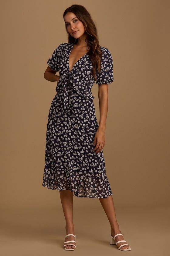 Anything Lovelier Navy Blue Floral Print Tiered Midi Dress