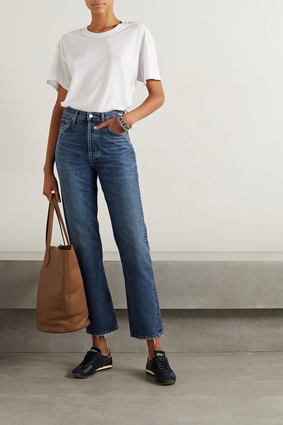 Two-tone organic high-rise straight-leg jeans