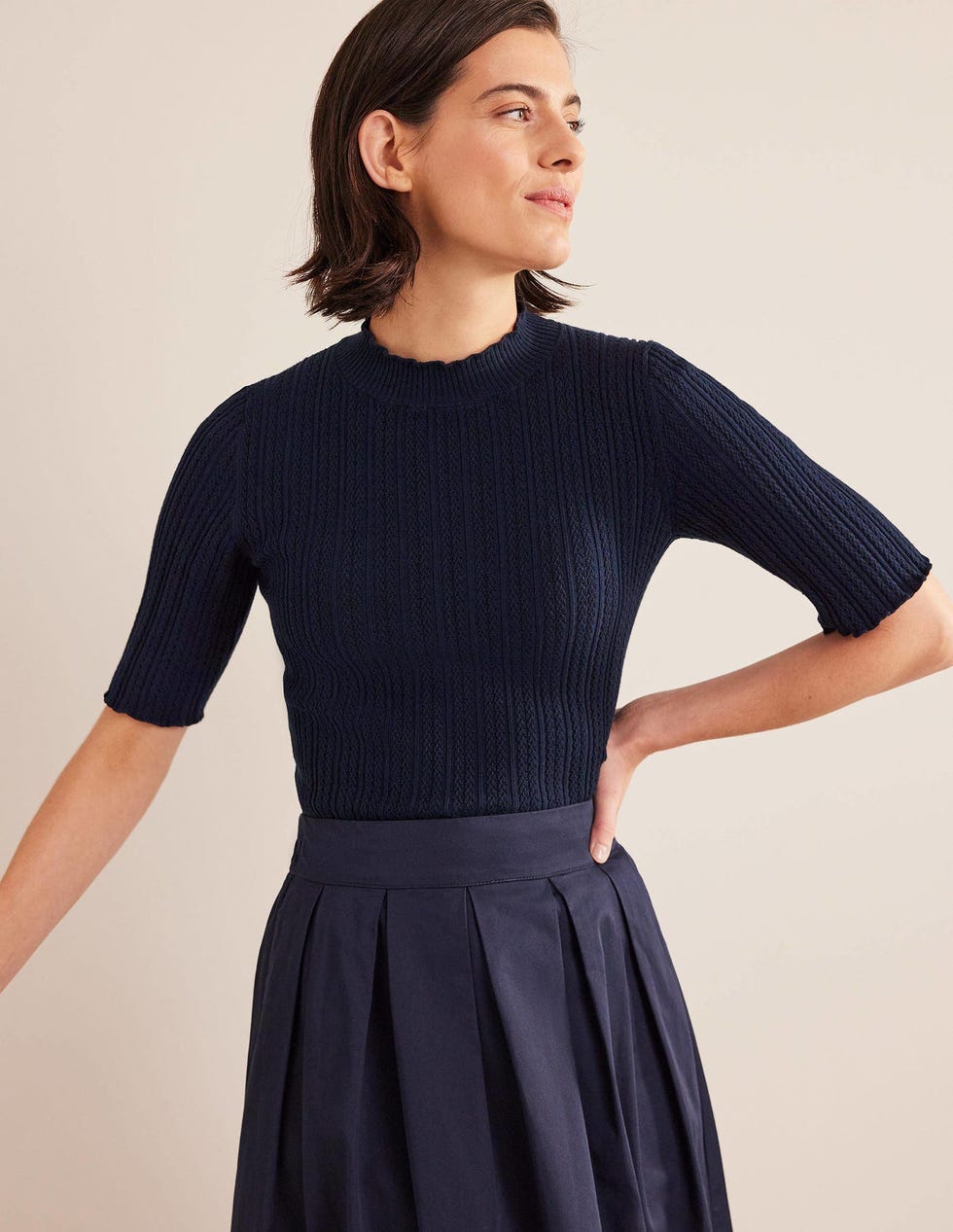 Ribbed Pointelle High Neck Top