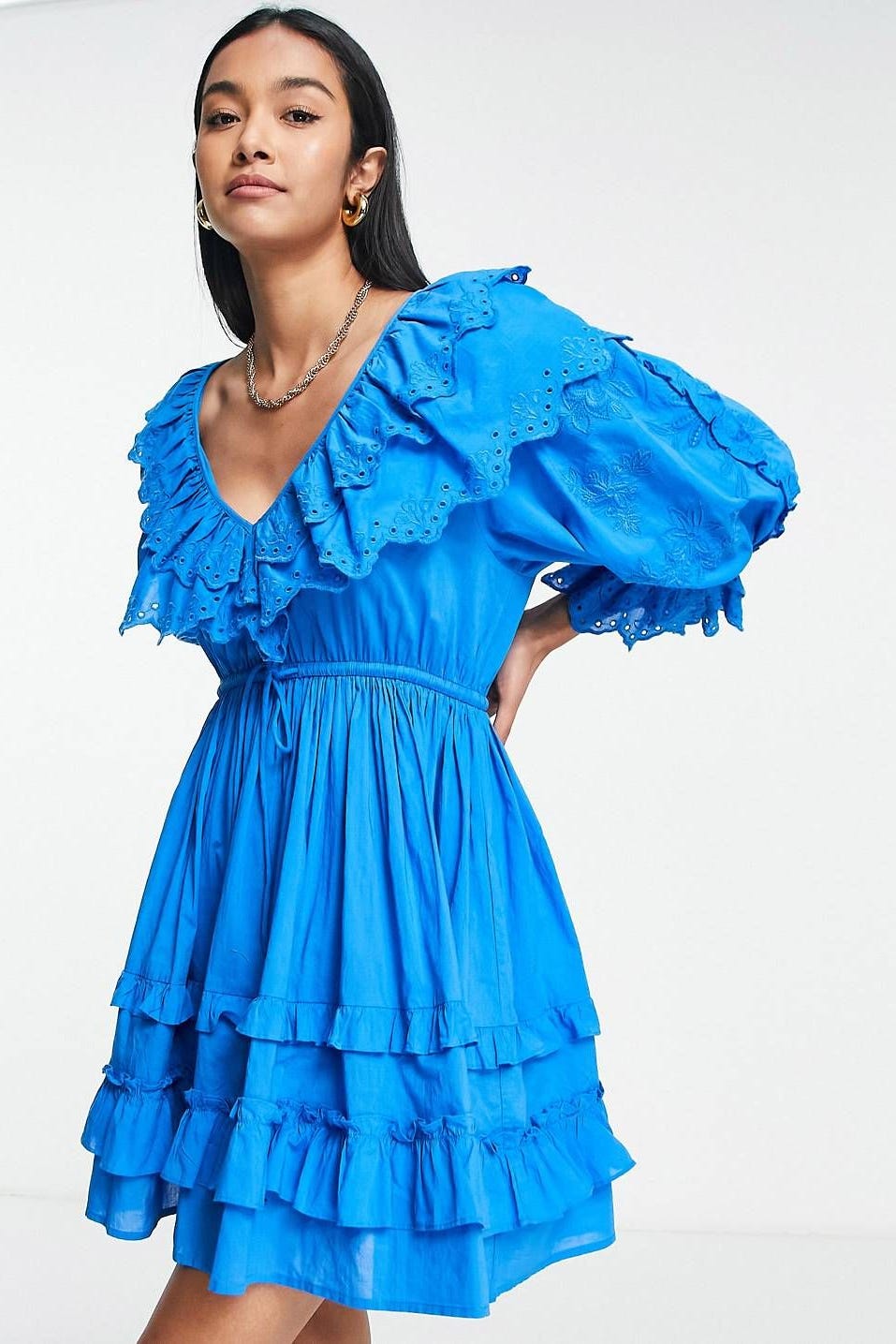 Ruffle broderie mini dress in cobalt blue