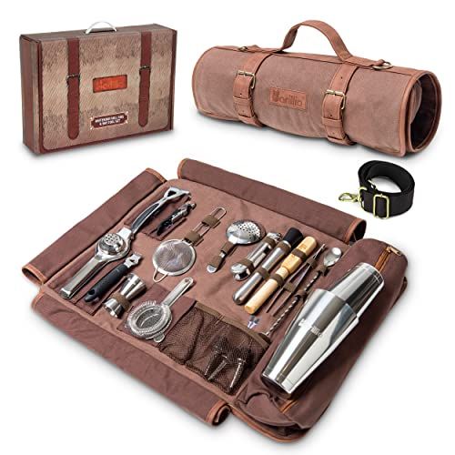 Barillio Bartender Bag Travel Bartender Kit Bag with Bar Tools | Professional 17-piece Bar Tool Set with Portable Waxed Canavs Bag including Shoulder Strap for Easy Carry | Travel cocktail Set…