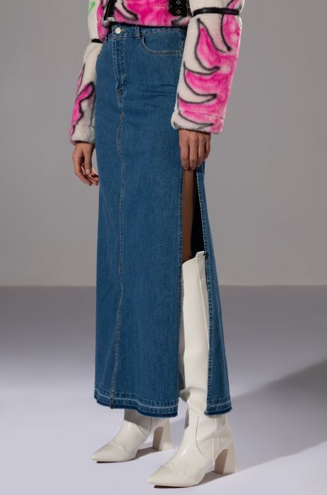 Buy Blue Double Slit A-line Long Denim Skirt for Women Online in India