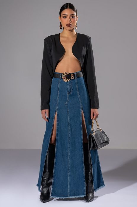 Mid Blue Wash Extreme Thigh High Slit Denim Skirt | PrettyLittleThing USA