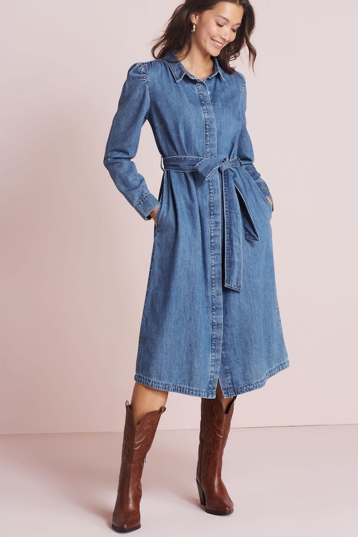 Mid Blue Puff Sleeve Belted Denim Midi Shirt Dress