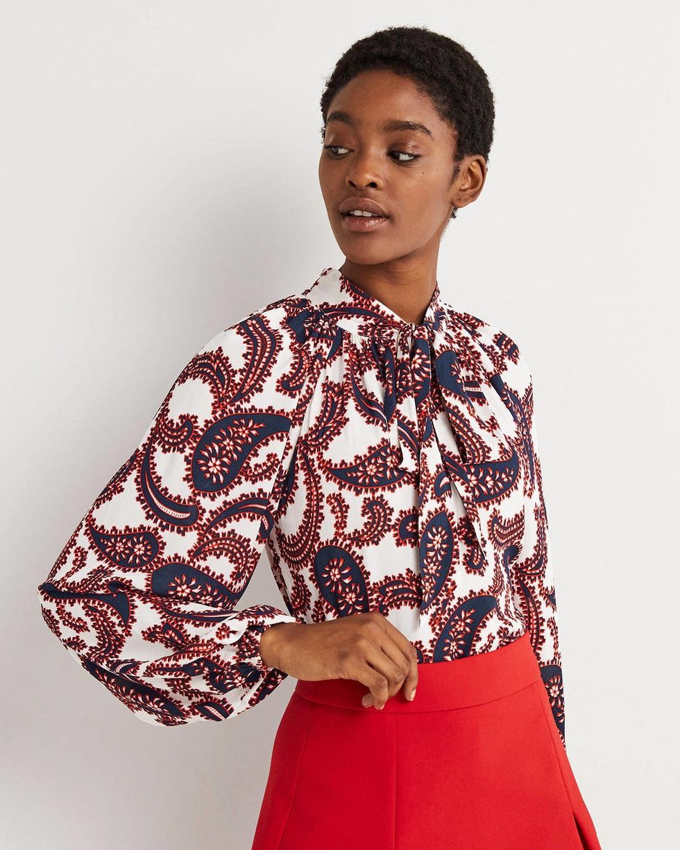 Tie Neck Blouse - Ivory, Paisley Cluster