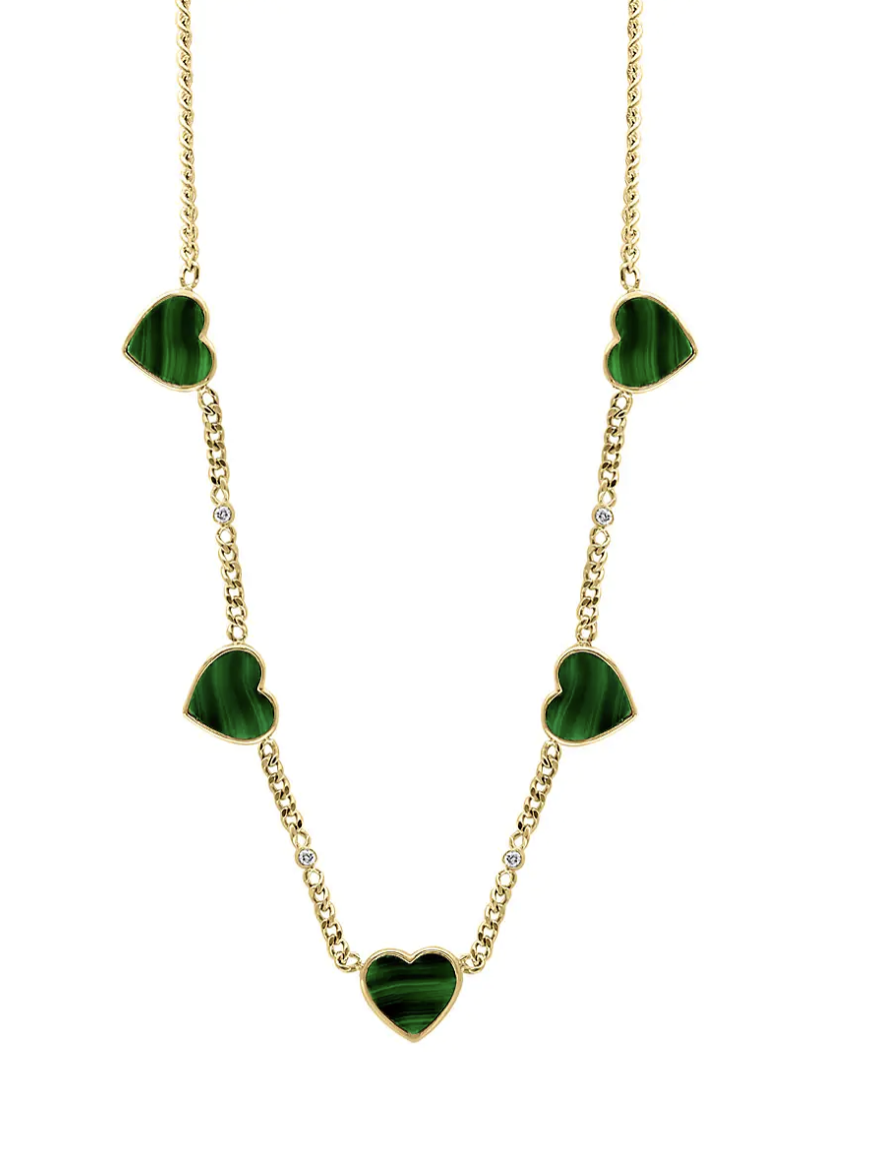 14-karat Yellow Gold Malachite Diamond Heart Necklace