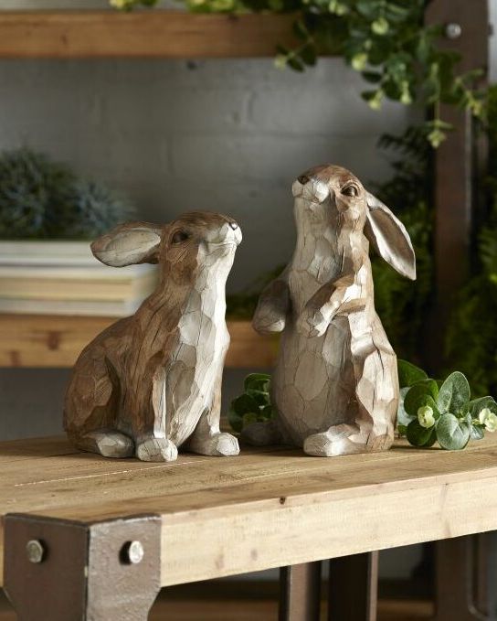 Distressed Wood Bunny Figurine Set of 2
