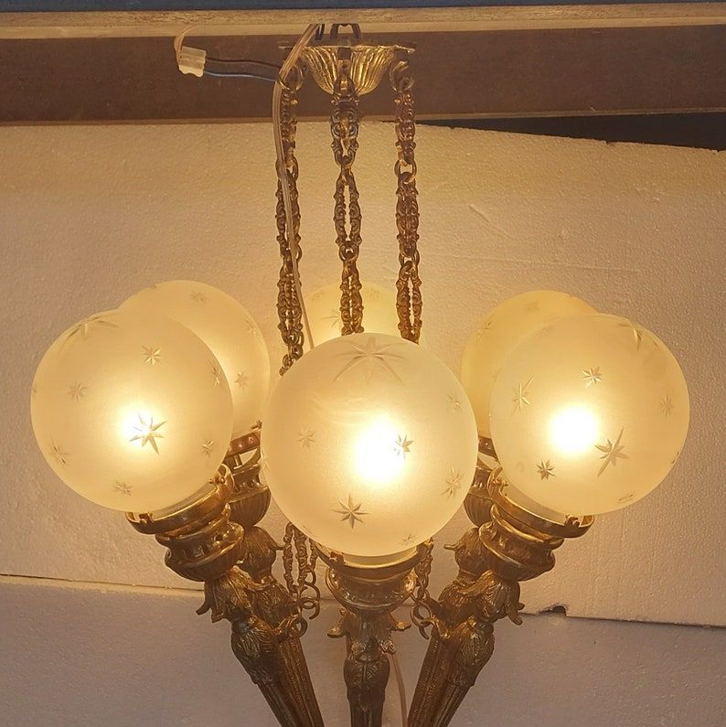 Rare Vintage Art Deco Nouveau Mashaal 6 Light Old Lamp Ceiling Hanging Chandelier Fixture Heavy Brass & Glass Light Antique