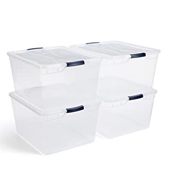 Rubbermaid Cleverstore Clear 71 Qt/18 Gal, Pack of 4 Stackable Large Storage Containers with Durable Latching Clear Lids, Visible Storage, Great for Tools, Sports Equipment, and Large Items