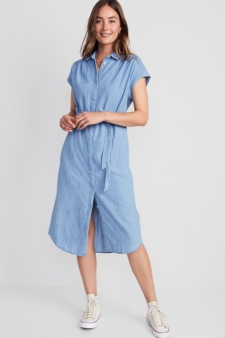 Short-Sleeved Waist-Defined Midi Shirt Dress 