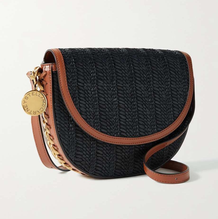 Frayme Medium Chain-Embellished Leather-Trimmed Raffia Shoulder Bag