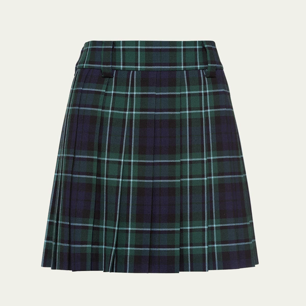 Tartan Check Pleated Wool Mini Skirt