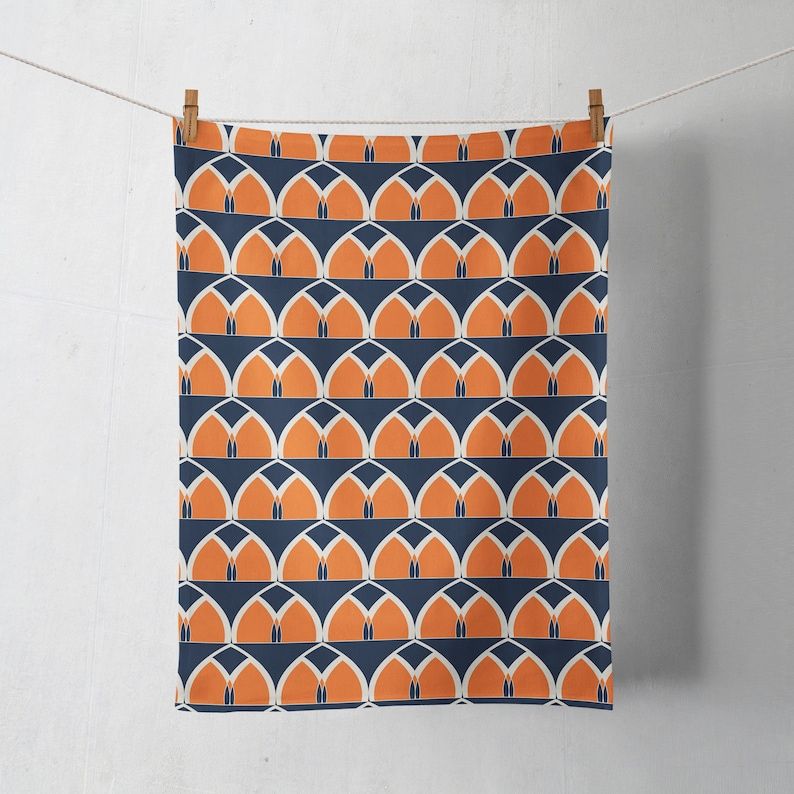 Orange and Navy Blue Geometric Tea Towel