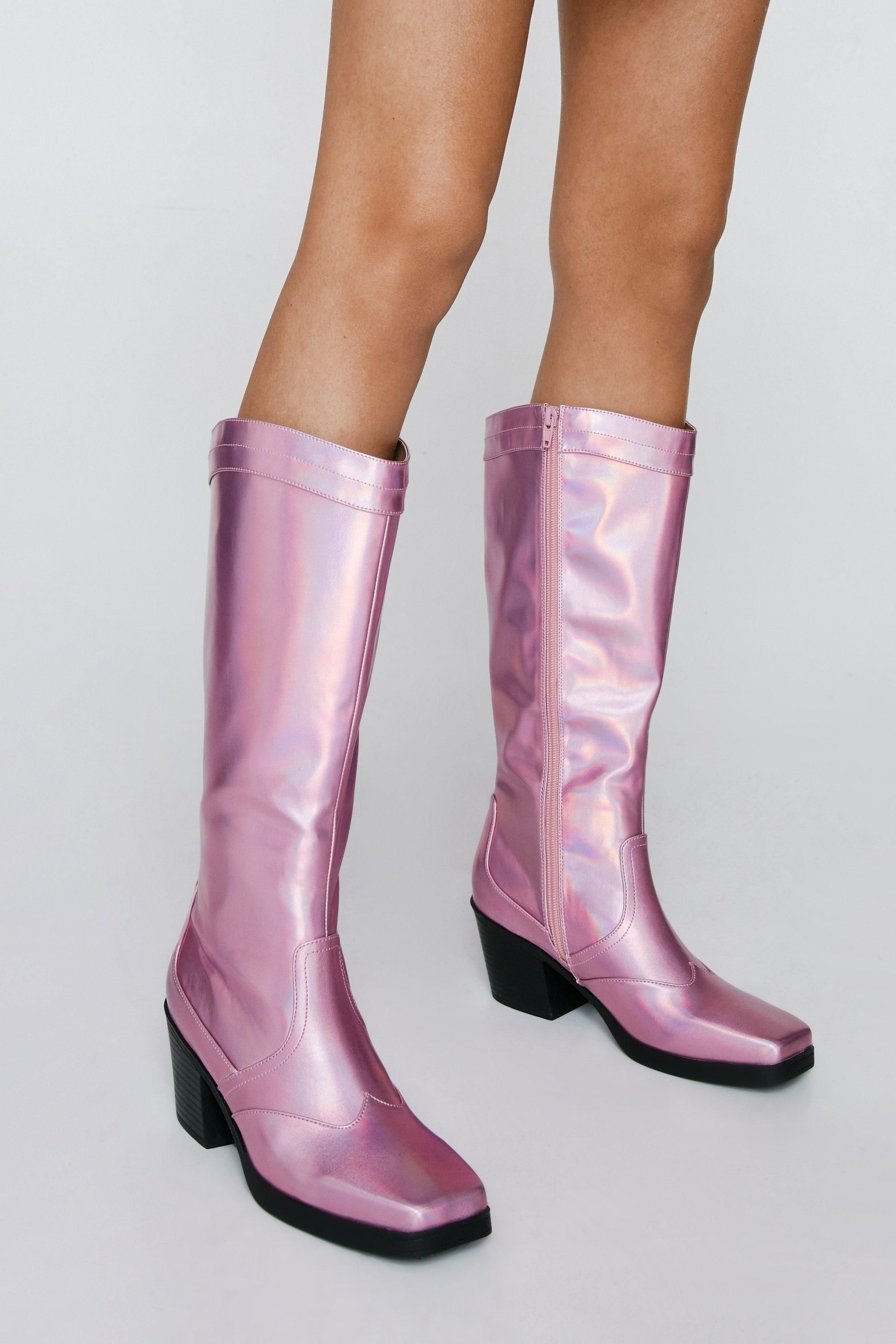 Faux Leather Metallic Square Toe Western Knee High Boot