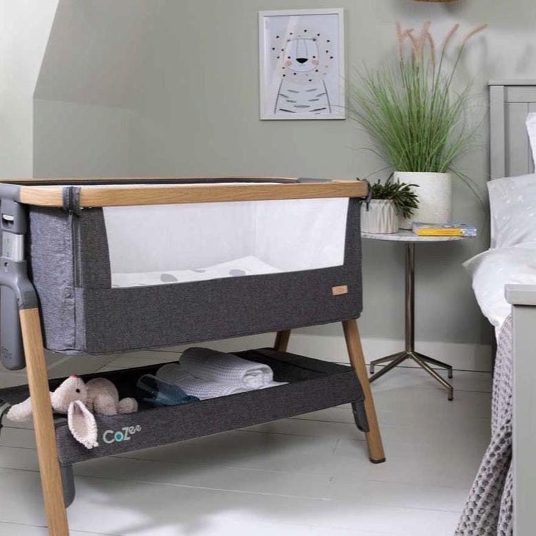 CoZee Bedside Crib Oak and Charcoal