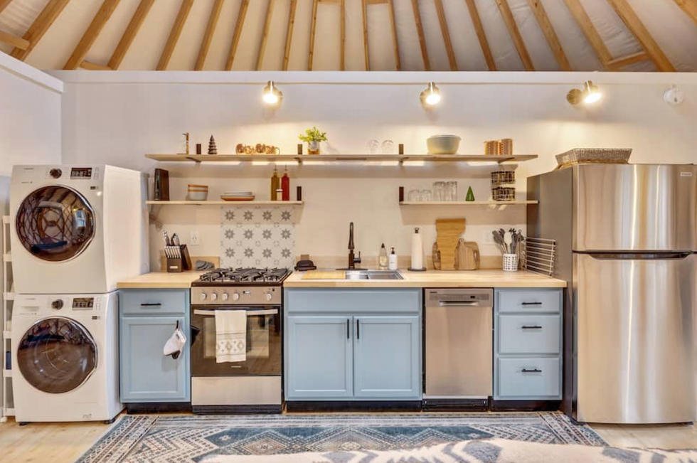 Tiny Home With Retro Style Pink kitchen appliances