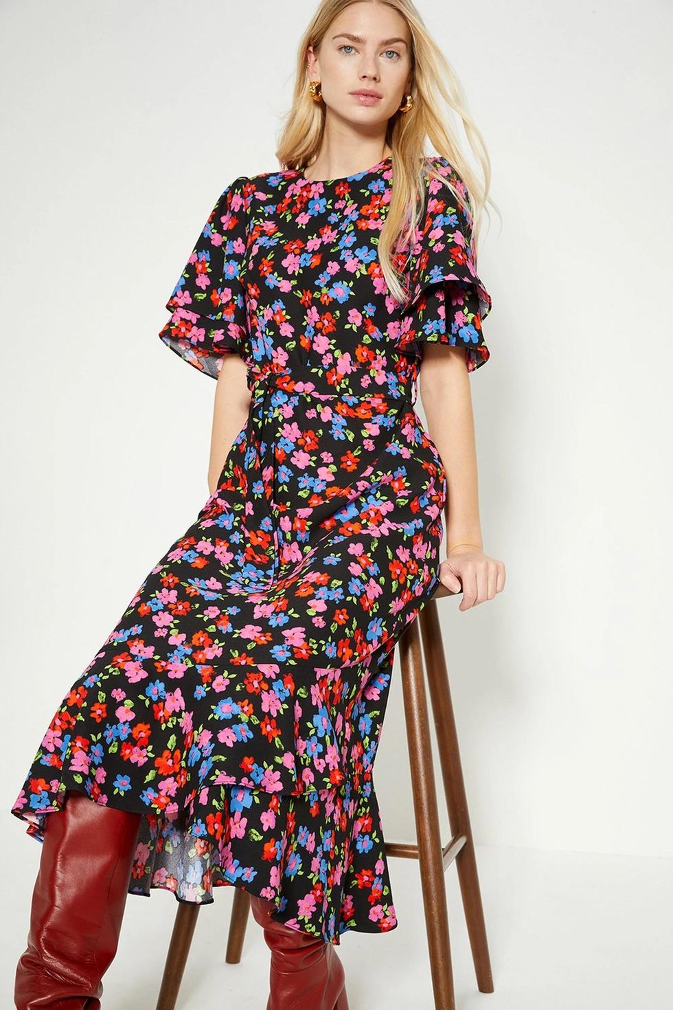 Floral Printed Frill Detail Belted Midi Dress