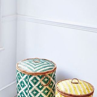 Woven Yellow Bamboo Laundry Basket