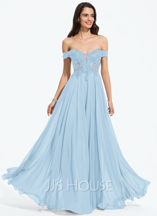 Princess Off the Shoulder Floor-length Chiffon Lace Prom Dress