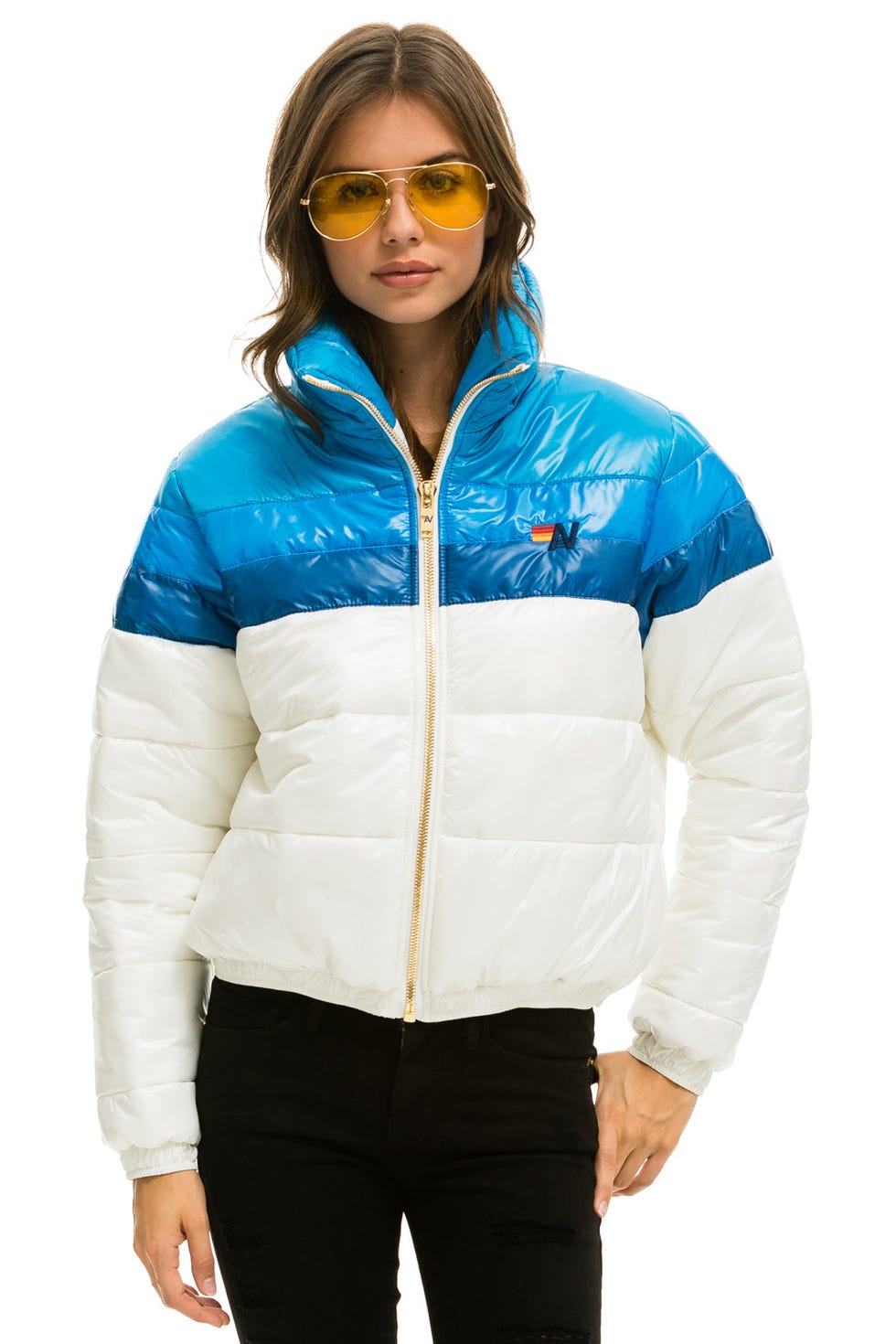 5 STRIPE LUXE APRES PUFFER JACKET - GLOSSY WHITE - Aviator Nation