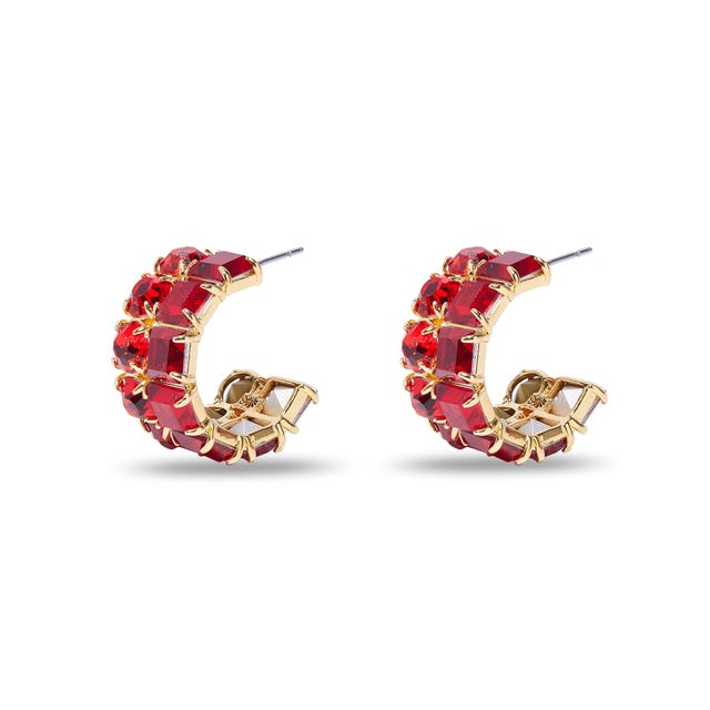 July Ruby Square Crystal Double Row Hoop Earrings 