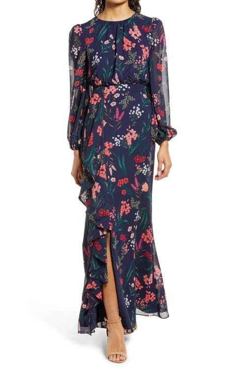 Floral Cascade Ruffle Long-Sleeved Dress